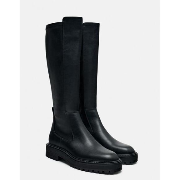 NWOT ZARA Treaded Knee High Boots Leather Chunky Lug Sole Flat Boot, Black - Picture 2 of 13